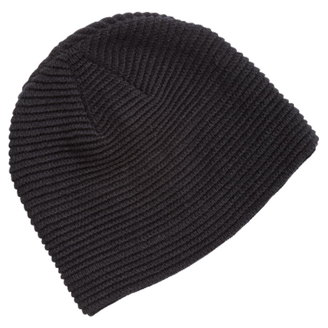 A black ribbed beanie with a soft texture and a logo.