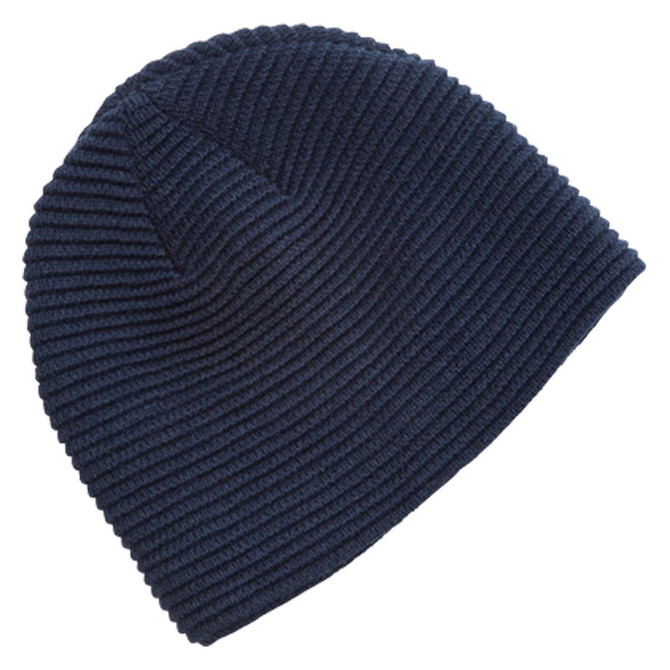 A navy Ruga Knit Beanie with a ribbed texture, featuring a logo on the side.