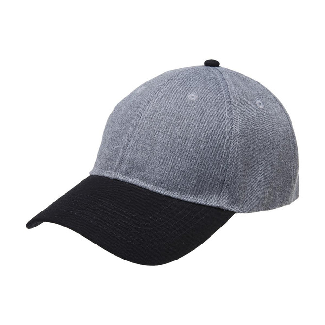A curved cap featuring a grey heather top and a black brim, with a logo on the front.