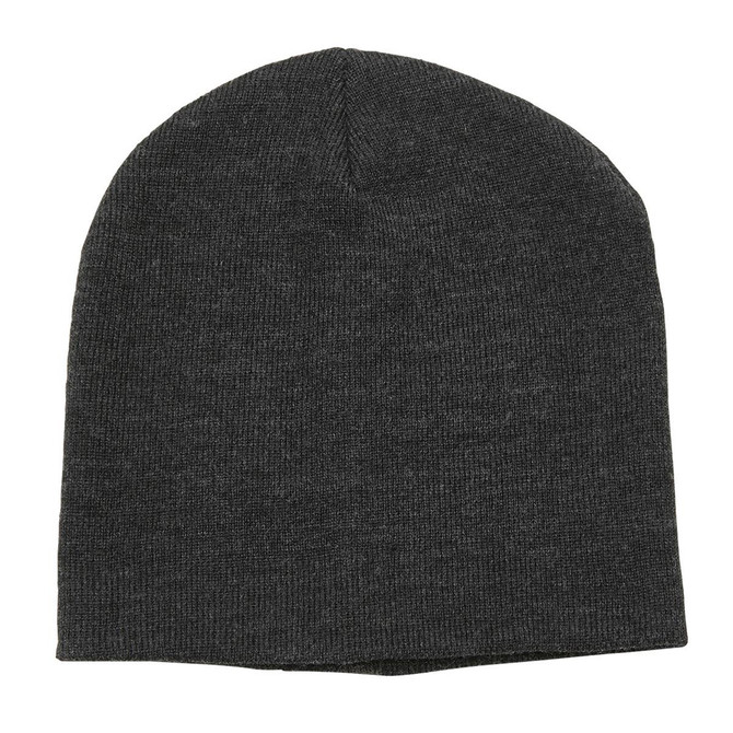 A dark grey beanie with a smooth texture and a fitted design. It features a logo on one side.