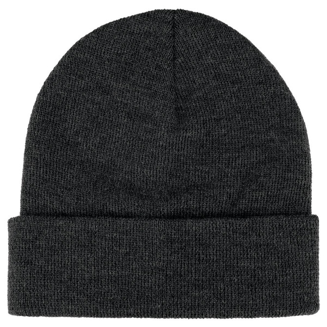 A dark grey knitted beanie featuring a rolled cuff and a small logo.