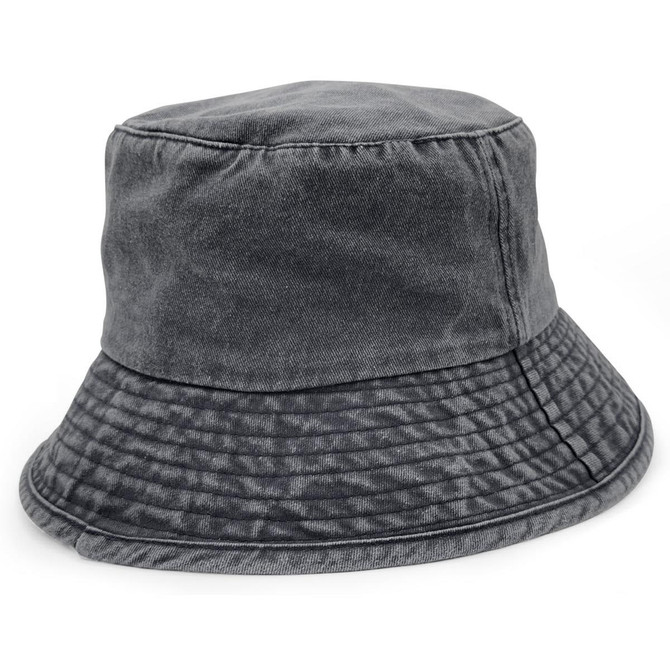 A grey washed chino bucket hat featuring a soft, structured design and a textured brim.