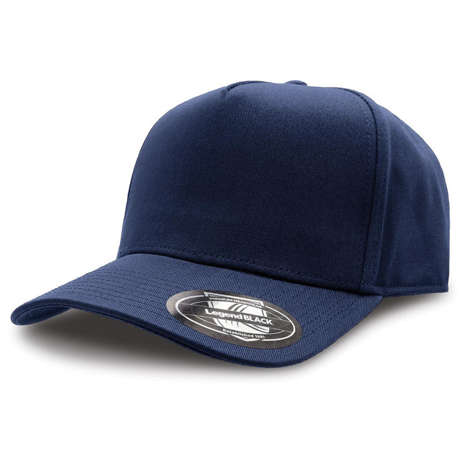 A navy blue cap with a curved brim and a logo patch on the front.