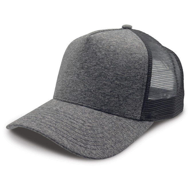 A grey trucker cap featuring a textured front panel and mesh back for breathability. It has a logo on the front.