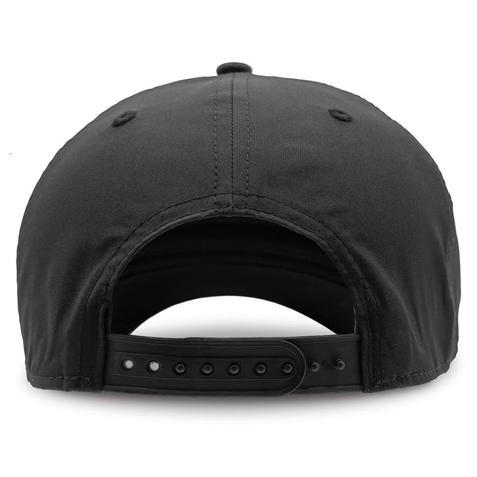 A black cap with an adjustable strap at the back, featuring a logo.