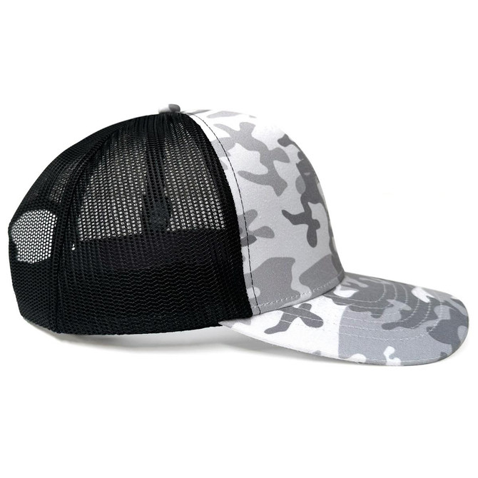 A grey and white camo trucker cap with a black mesh back and a curved peak. Features a logo on the side.