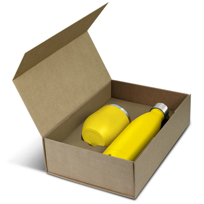 A yellow vacuum drink bottle and cup presented in a rectangular cardboard gift box.