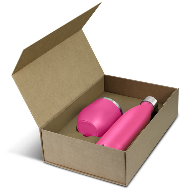A pink vacuum drink bottle and cup nestled in a kraft gift box, featuring a simple, natural interior.