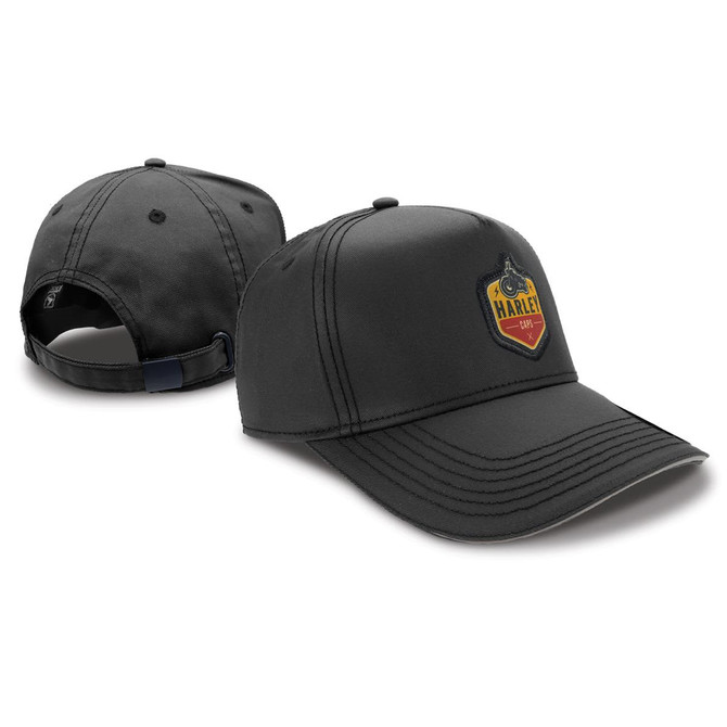 A black cap with a logo on the front and a casual design, featuring a curved brim and an adjustable strap.