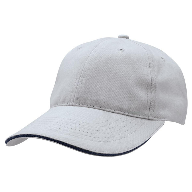 A grey cap with a soft sandwich peak and an adjustable strap on the back. It features a logo on the side.