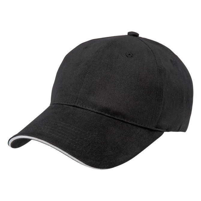 A black cap featuring a sandwich peak design, with a contrasting trim and a logo on the front.