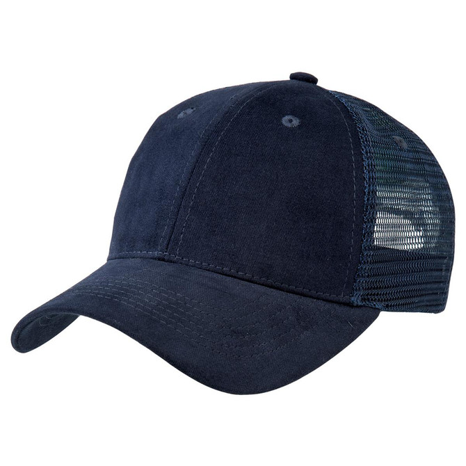 A navy blue premium soft mesh cap featuring a solid front panel and mesh side panels, with a logo.