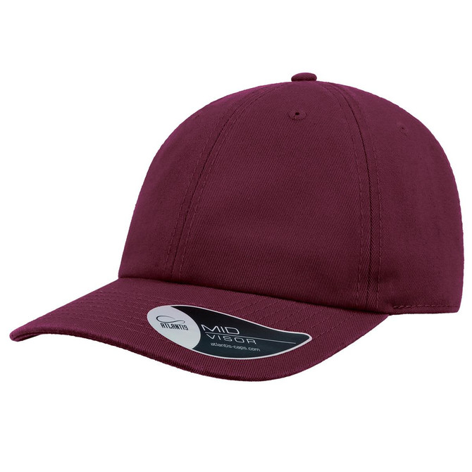 A maroon dad hat with a curved visor and an adjustable strap featuring a logo on the side.