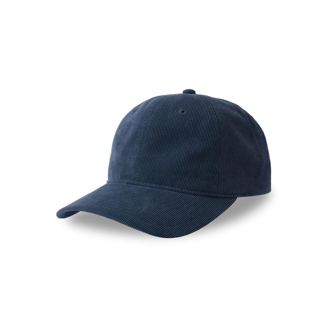 A navy blue corduroy cap with a curved brim and a logo on the front.