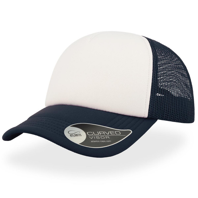 A trucker cap in navy blue and white with a curved visor and a mesh back, featuring a logo on the side.