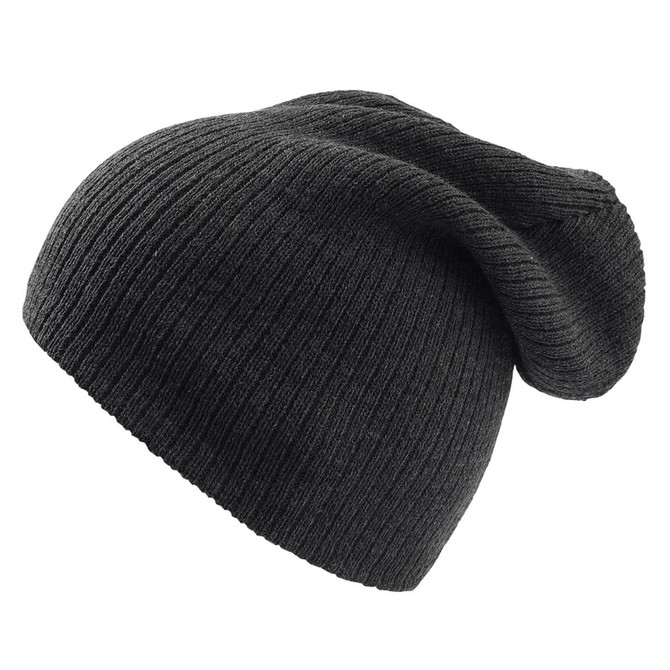 A dark grey beanie with a ribbed texture and a slouchy design, featuring a logo.