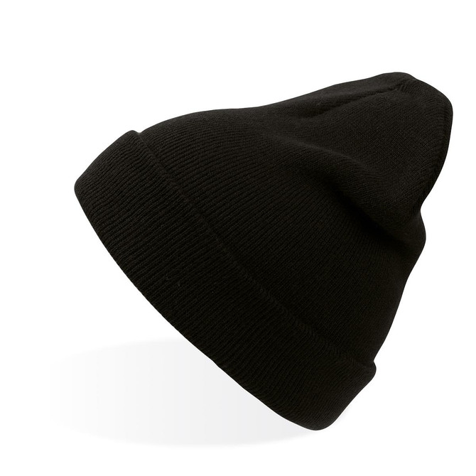 A black beanie with a tapered top and a cuff, featuring a logo on one side.