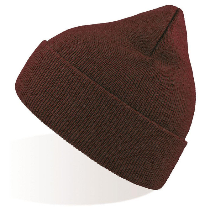 A maroon beanie with a ribbed texture and a tapered top, featuring a small logo on the side.
