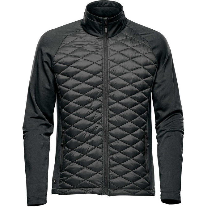 A black and dark green Men's Boulder Thermal Shell jacket with a quilted front and full zip closure. It features branding.