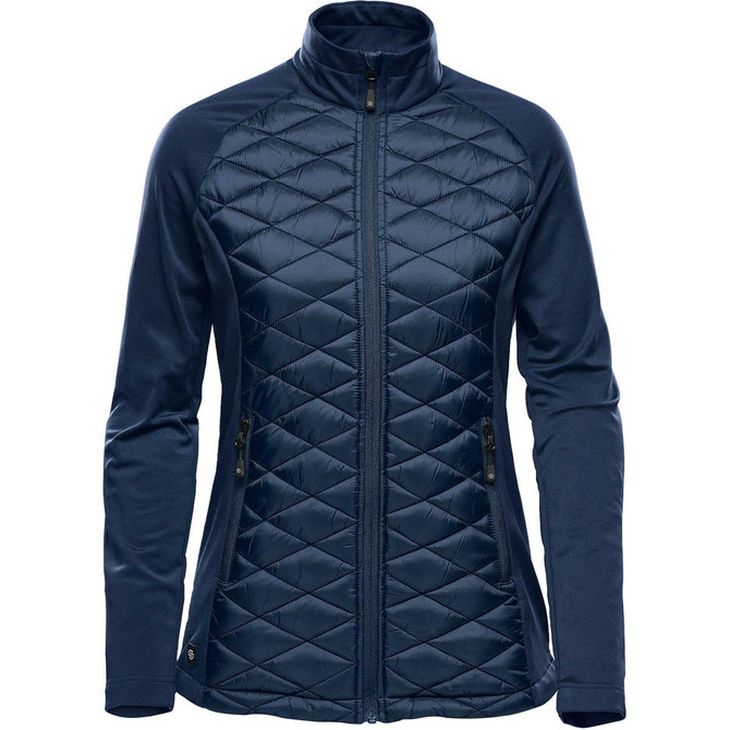 A women's thermal shell jacket in navy featuring quilted front panels and zippered side pockets. The jacket has a logo on it.