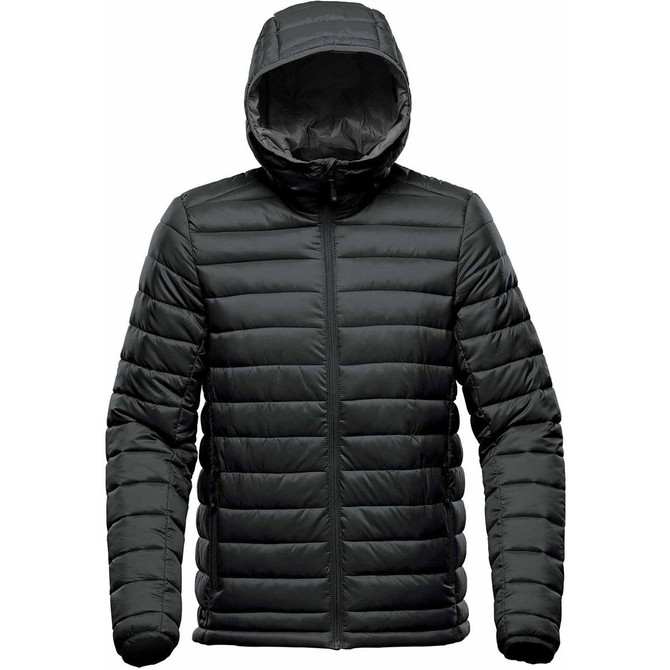 A men's thermal jacket in dark green with a hood, featuring a quilted design and front zipper. Includes a logo.