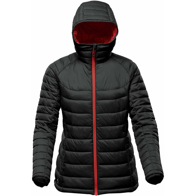 A women's thermal jacket in black with a red interior, featuring a hood and quilted design. Branding is visible.