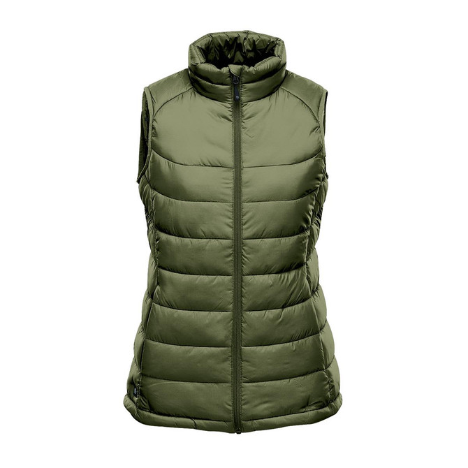 A green women’s thermal vest features a high collar and a padded design with side pockets and a logo.
