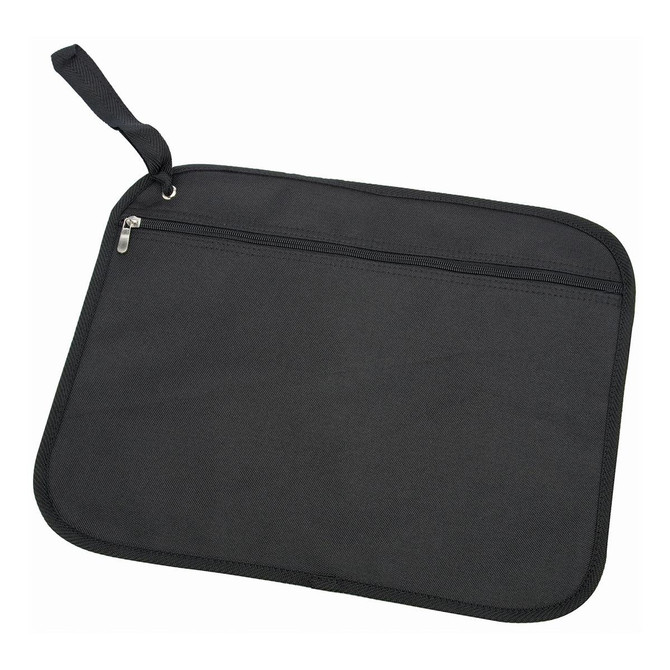 A black satchel with a zippered pocket and a handle, made from durable material. It features a simple, sleek design.