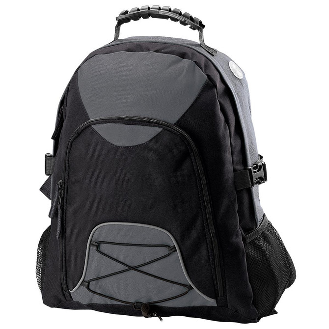 A black and grey backpack featuring a front storage compartment, side mesh pockets, and a textured handle.