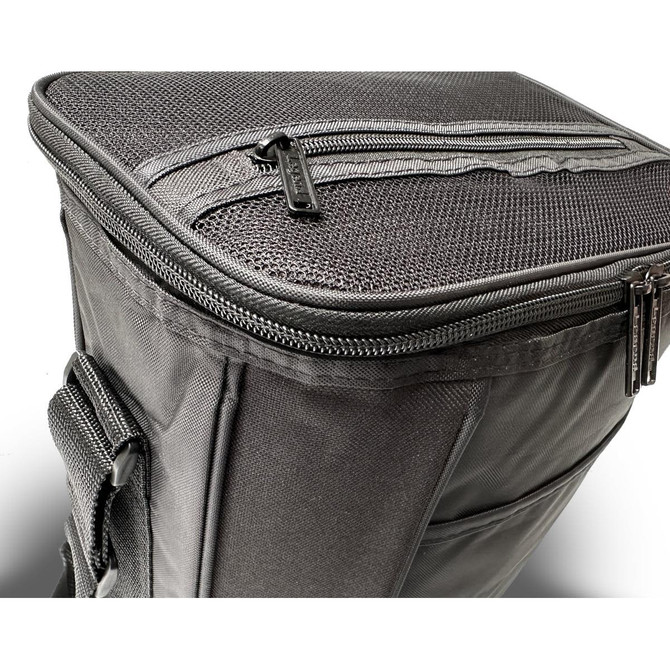 A drink bottle cooler bag in black, featuring a zippered top and mesh detailing. It includes a logo on the front.