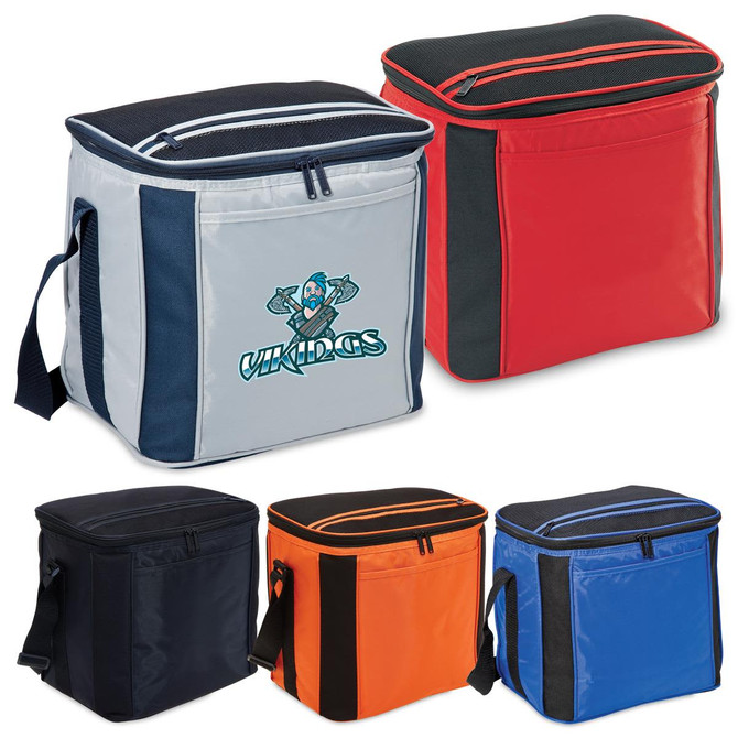 A large cooler bag available in red, black, blue, orange, and grey, featuring a logo on one side.