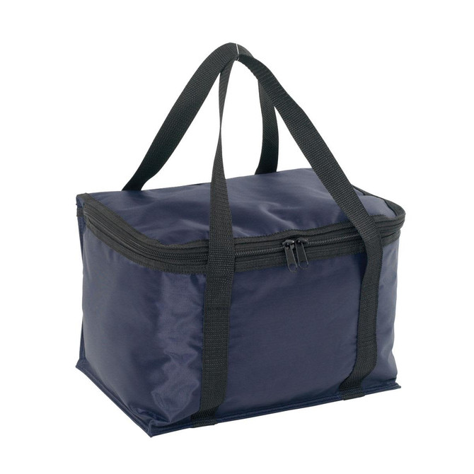 A navy blue cooler bag with dark green handles and a zip closure, featuring a simple design and logo.