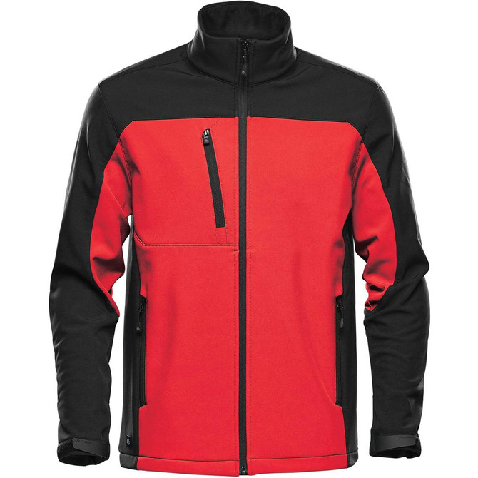 A men's softshell jacket in red and black, featuring a zippered chest pocket and side pockets, with a branded logo.