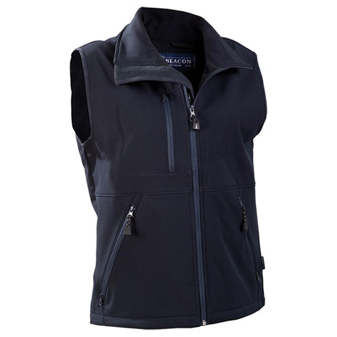 A men's softshell vest in dark grey with multiple zippered pockets and a high collar, featuring a logo.