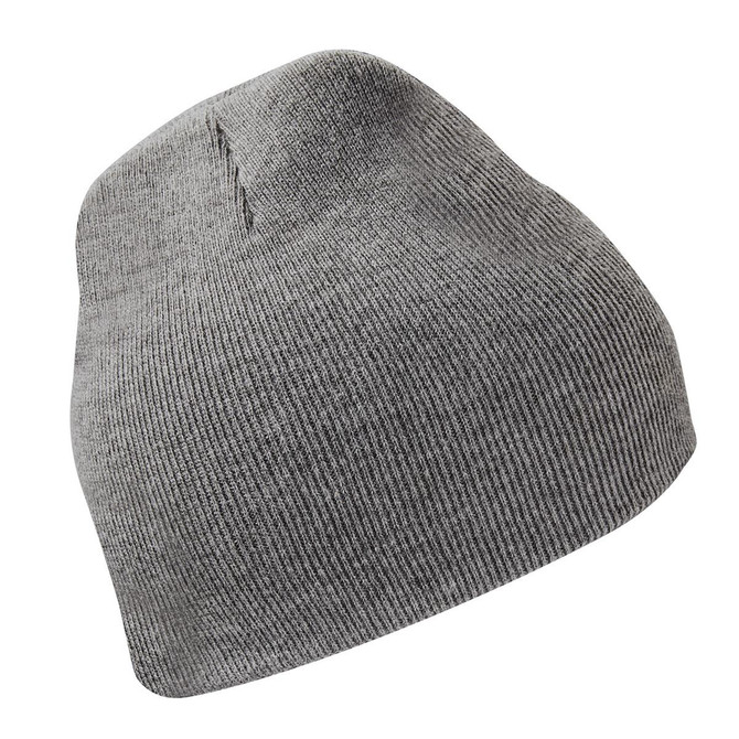 A grey knit beanie with a fitted design, featuring a logo on the side.