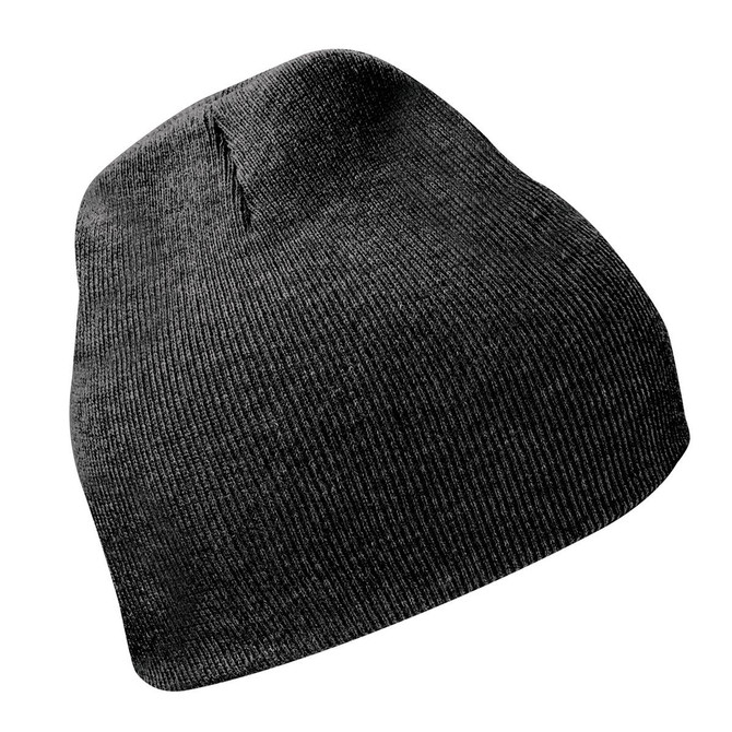 A black knitted beanie with a tapered design and a logo. Ideal for cold weather accessories.