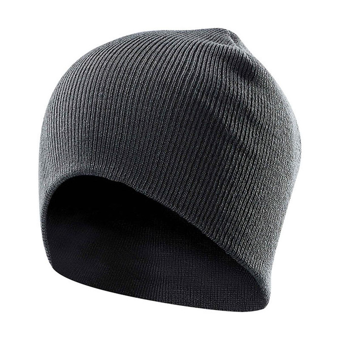 A grey knit beanie with a snug fit and a simple design, featuring a logo on one side.