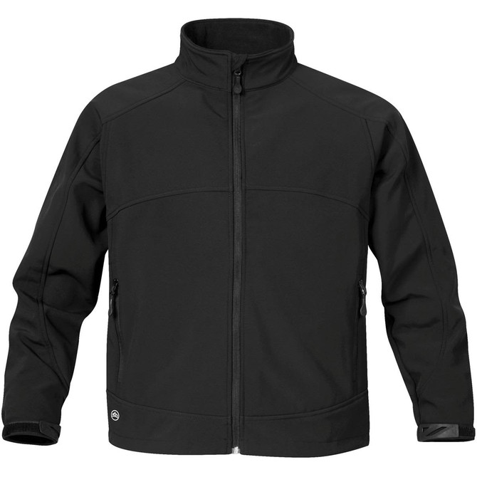 A black men's bonded jacket featuring a high collar and zip-up front, with side pockets and a logo.