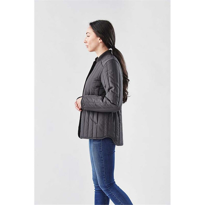 A women's thermal jacket in a dark colour, featuring a quilted design and side view silhouette. Includes a logo.