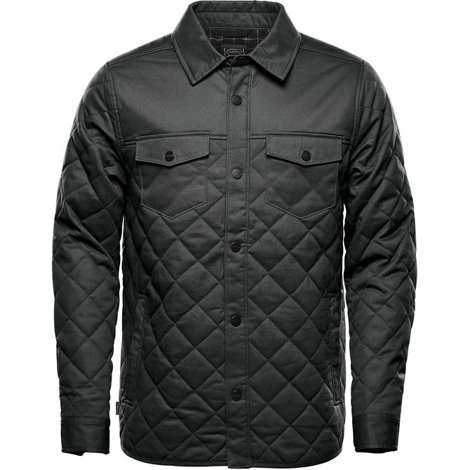 A men's quilted jacket in dark green, featuring a button-up front and chest pockets, with a logo.