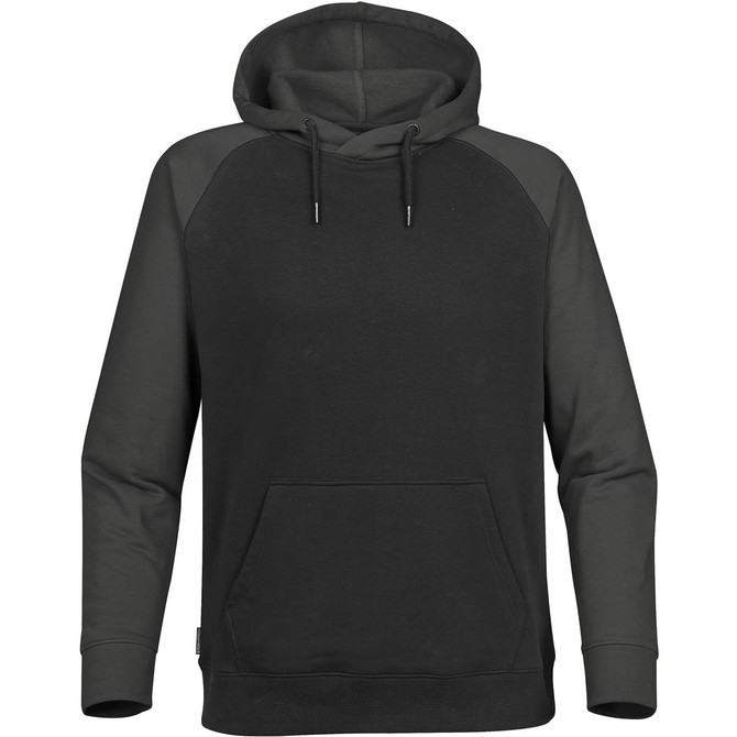 A black and green men's hoody with a front pocket and a drawstring hood, featuring raglan sleeves and a logo.