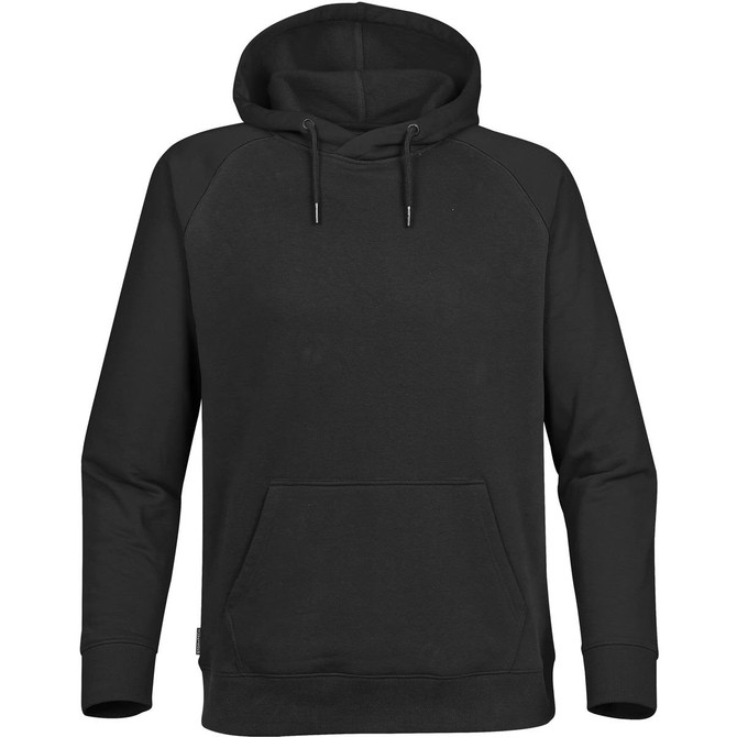 A black men's hoodie featuring a kangaroo pocket and a drawstring hood, with contrasting raglan sleeves.
