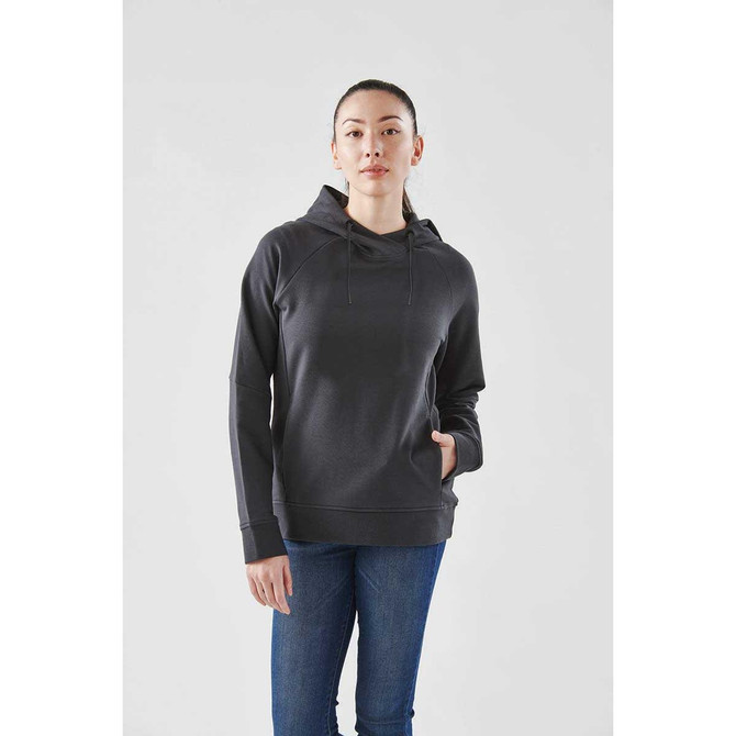 A women's performance hoody in dark grey, featuring a hood and a front pocket. It has a logo on the front.