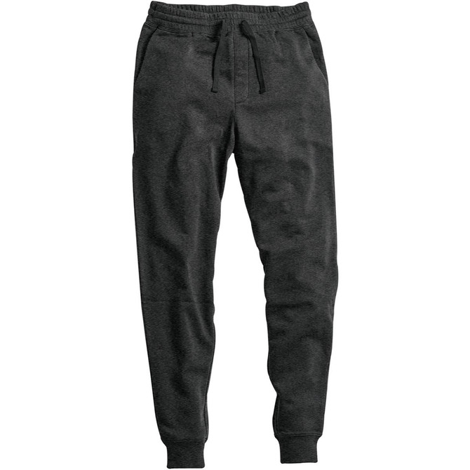 Men's Yukon Pant in dark grey, featuring an elastic waistband and tapered leg design. Includes a branding logo.