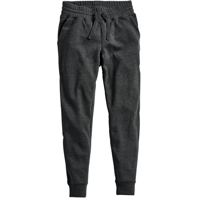 A pair of dark grey women's track pants with an elastic waistband and side pockets. Suitable for casual wear.