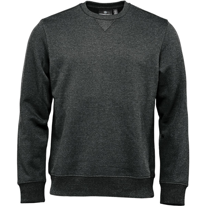 A dark green men's pullover crew jumper featuring a rounded neckline and long sleeves. It has a logo on the front.