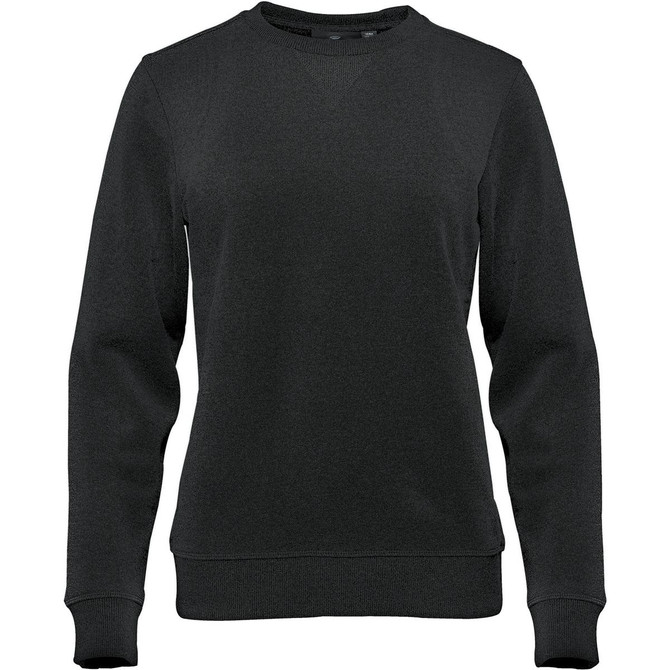 A black women's crew pullover with long sleeves and a classic neckline. It features a brand logo.