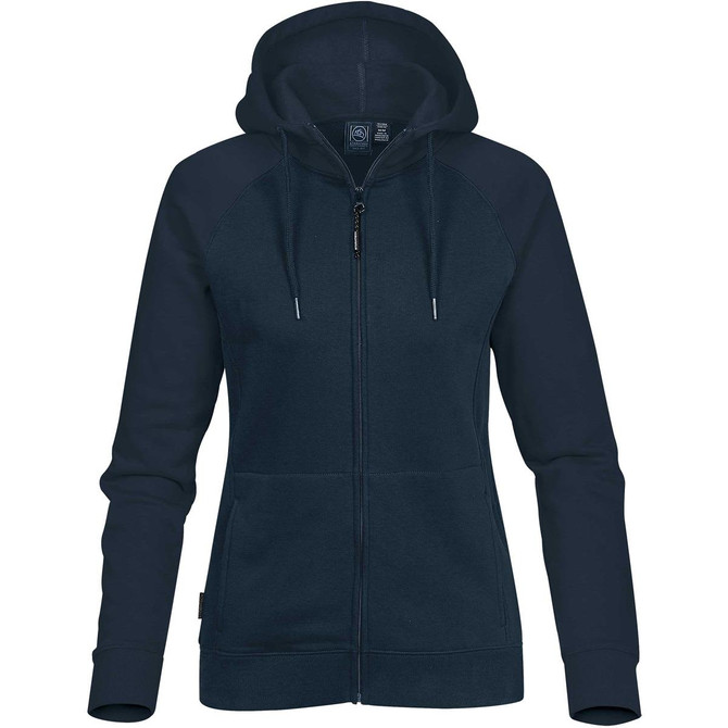 A navy zip-up hoodie for women with a hood and a logo. Features raglan sleeves and front pockets.