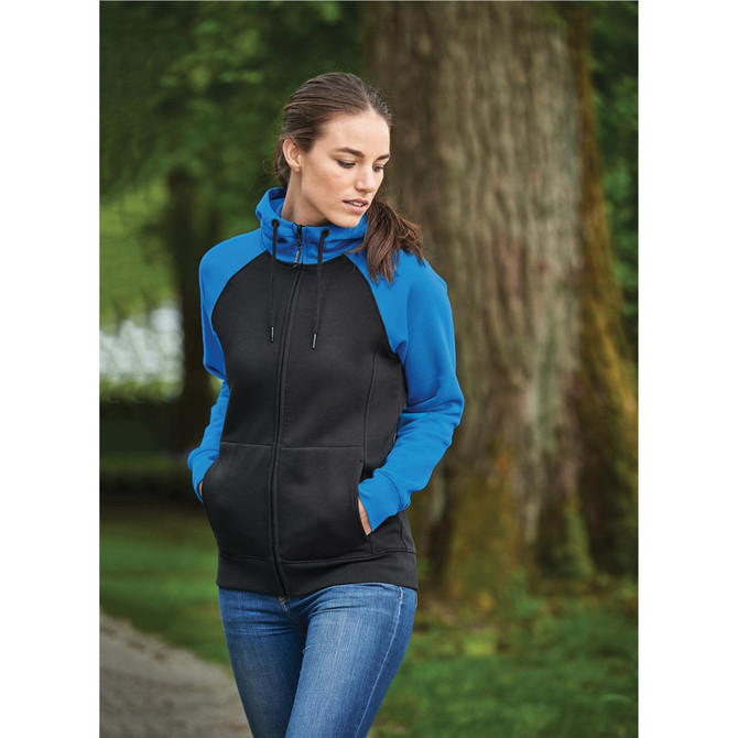 A women's zip hoodie featuring a black body and blue sleeves, with a hood and zip front. It has a logo.