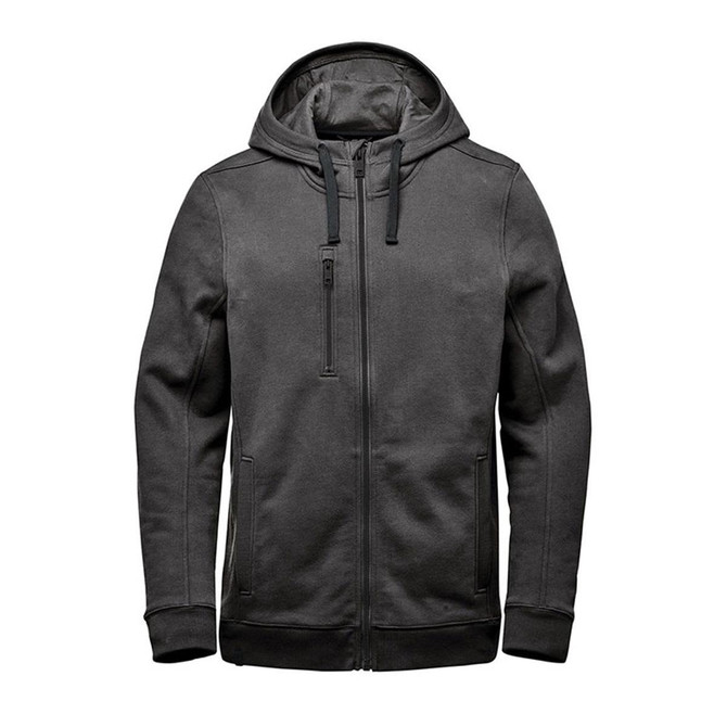 A men's hooded fleece jumper in black with a zip front and side pockets, featuring a logo.